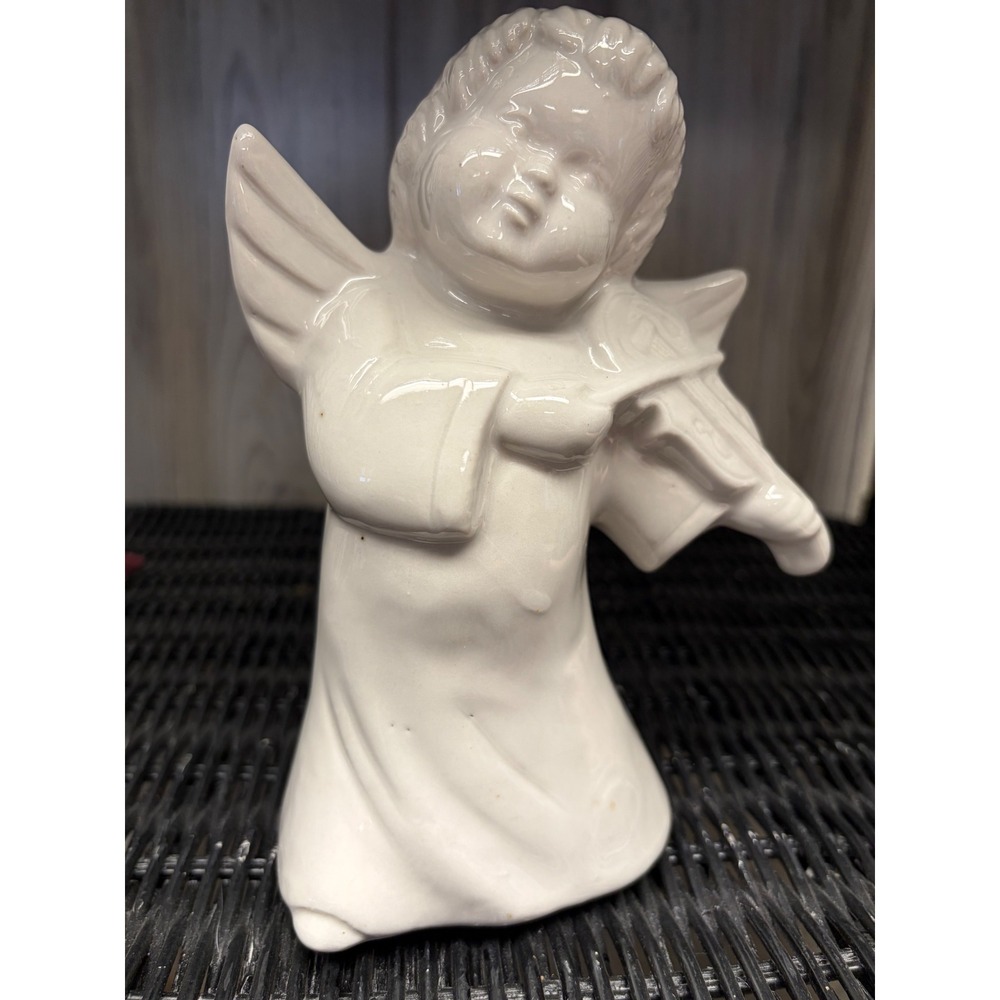 Vintage White Ceramic Angel Figurine Cherub Playing Violin Glossy Glaze 5.5 Inch